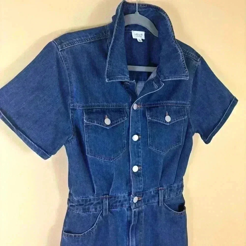 Le Lis Denim “70’s” Retro Collared Button Down Fitted Raw Hem Jean Dress Size M - Picture 7 of 16